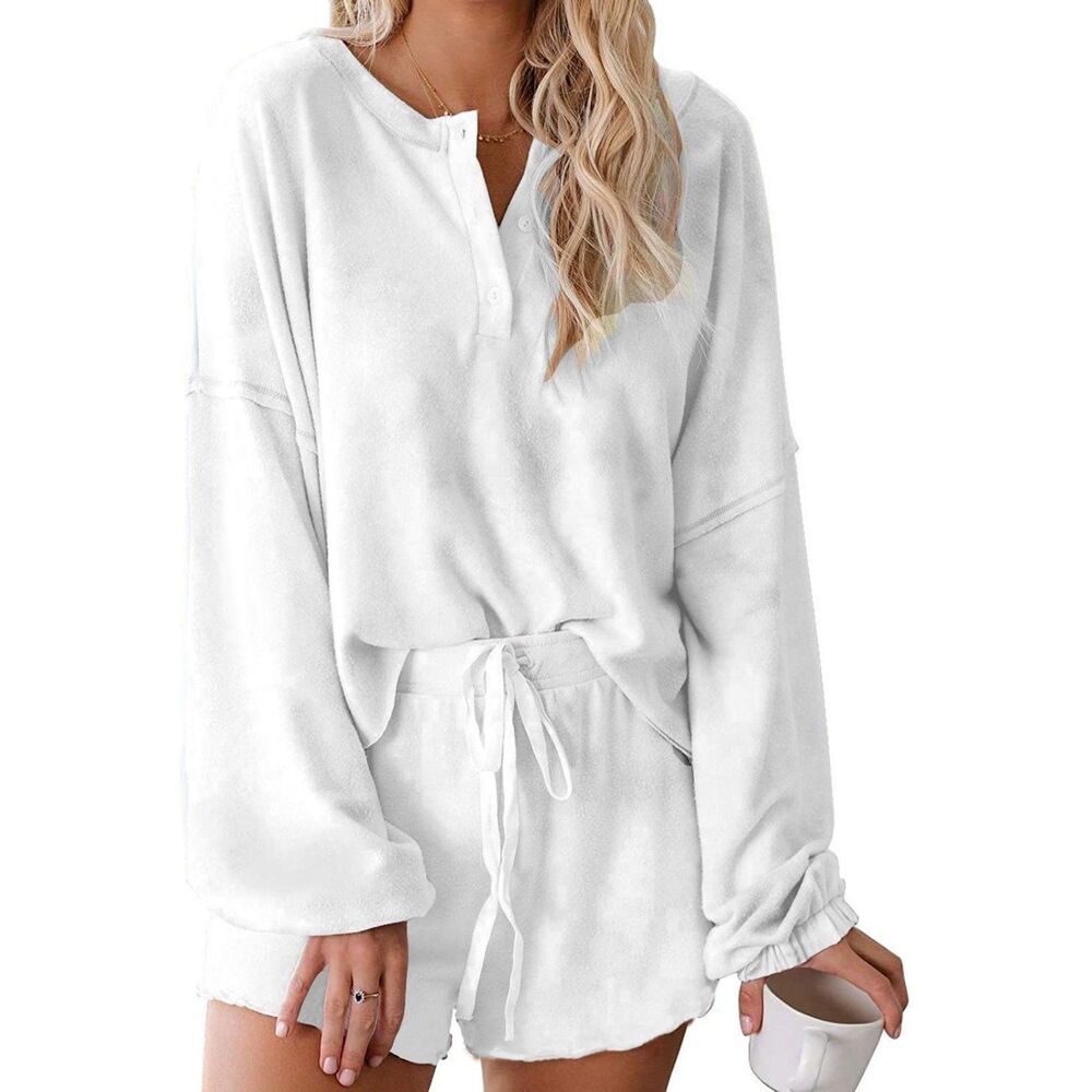 Women’s Ruffle Long Sleeve Top & Shorts Pajama Set – White, Size XL